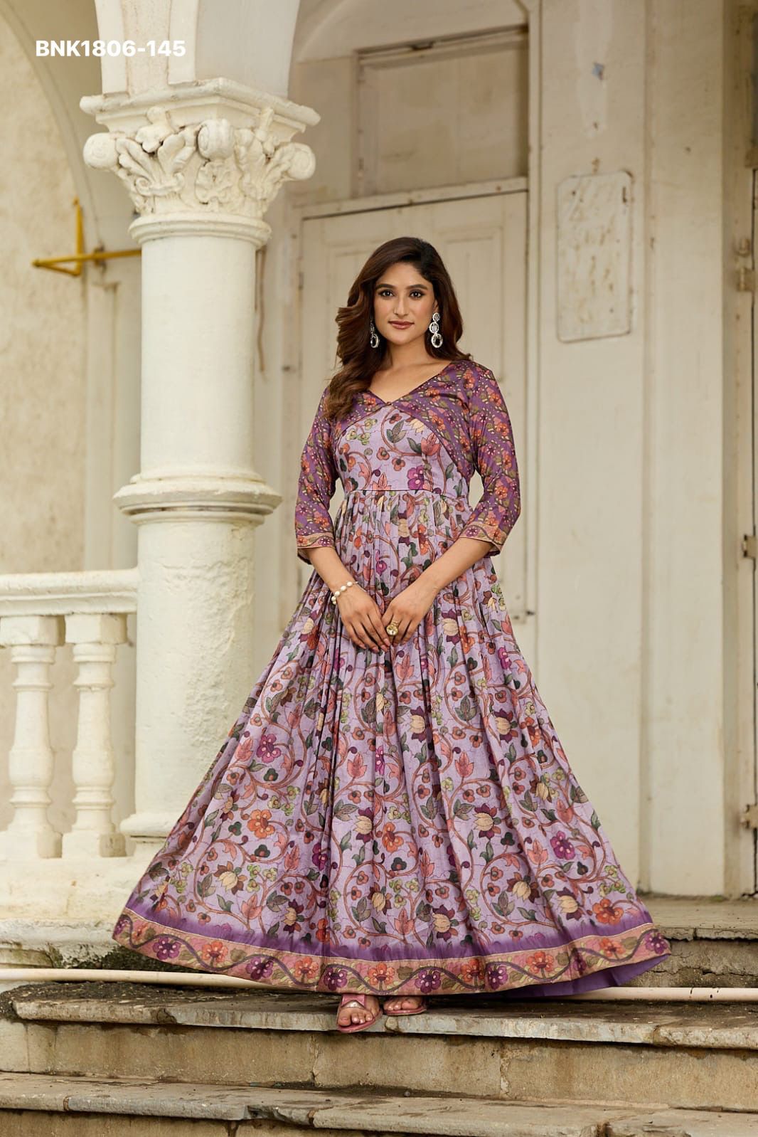 graceful gown in beautiful floral print paired with a contrasting color jacket Designed for effortless elegance- MNK1806
