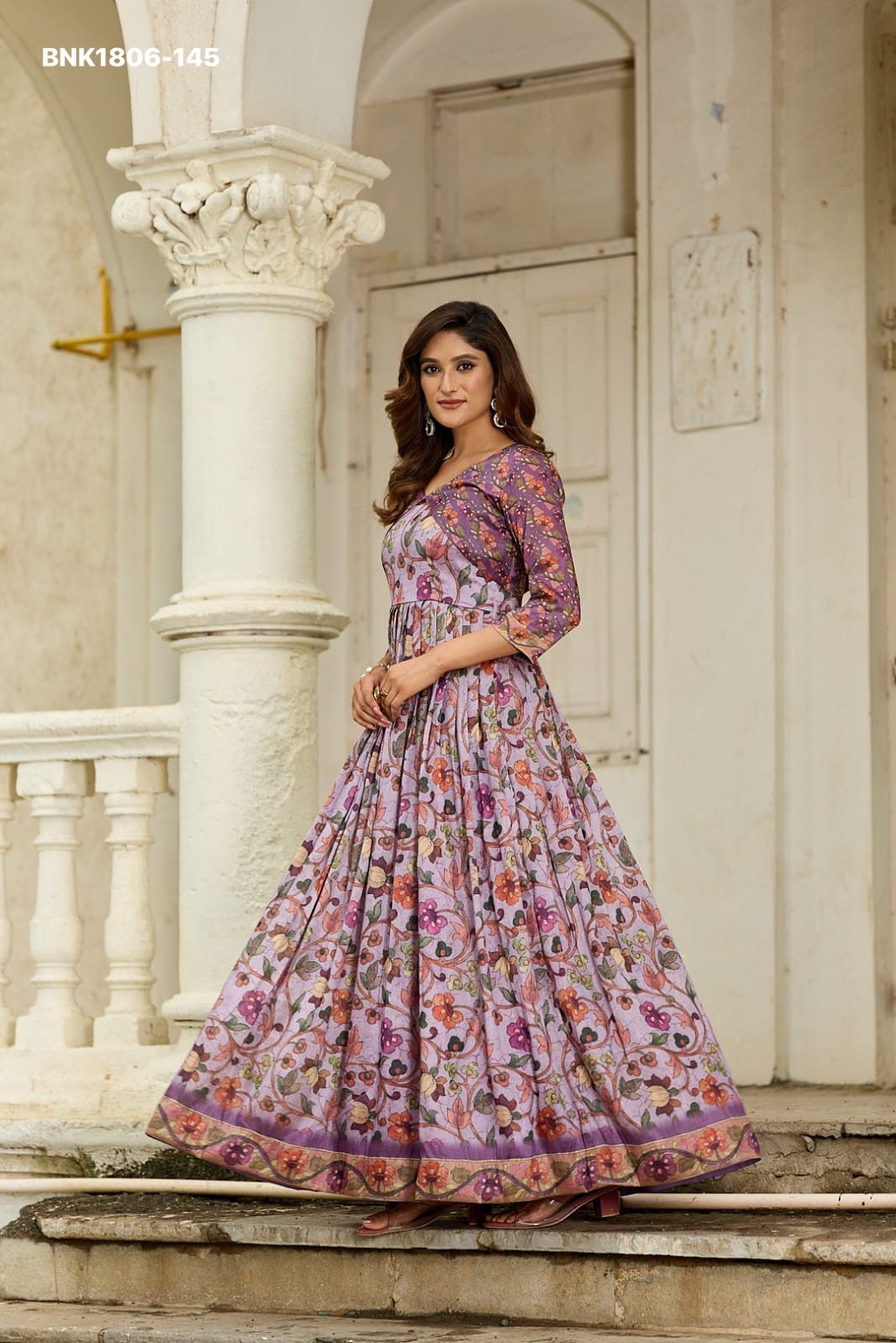 graceful gown in beautiful floral print paired with a contrasting color jacket Designed for effortless elegance- MNK1806