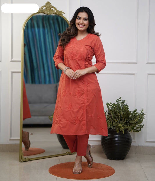 Beautiful cotton chikankari angrakha style pant sets - MNK1799