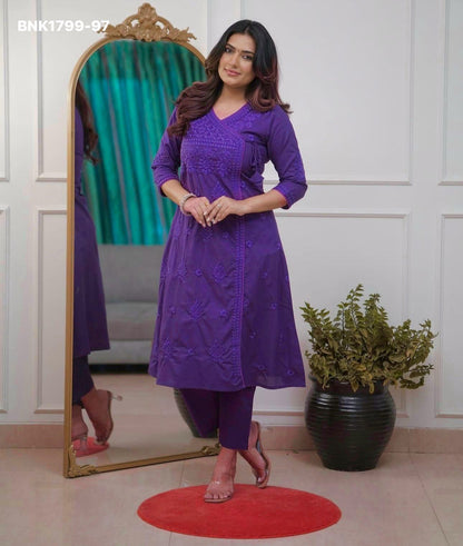 Beautiful cotton chikankari angrakha style pant sets - MNK1799
