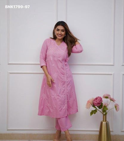 Beautiful cotton chikankari angrakha style pant sets - MNK1799