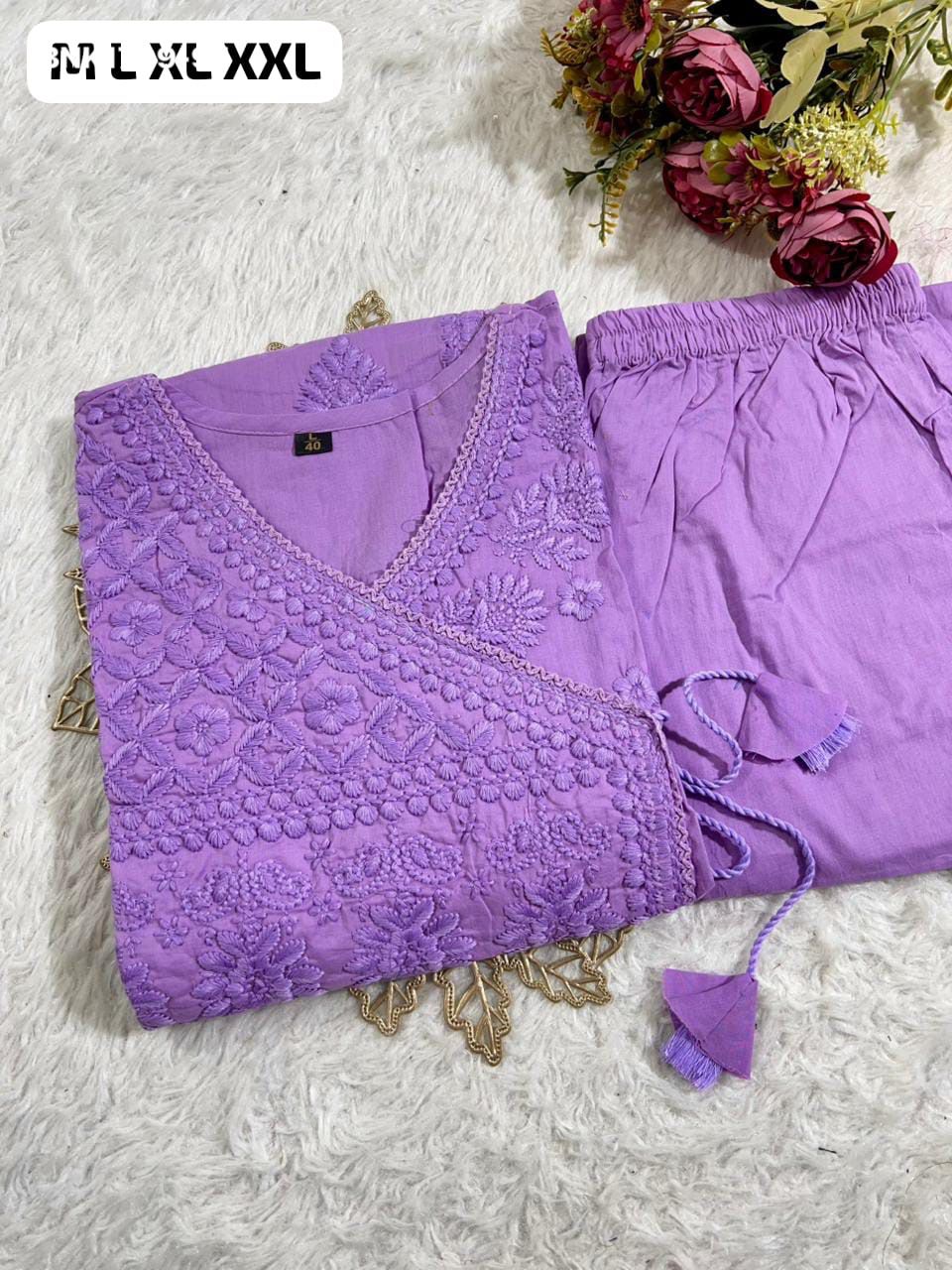 Beautiful cotton chikankari angrakha style pant sets - MNK1799