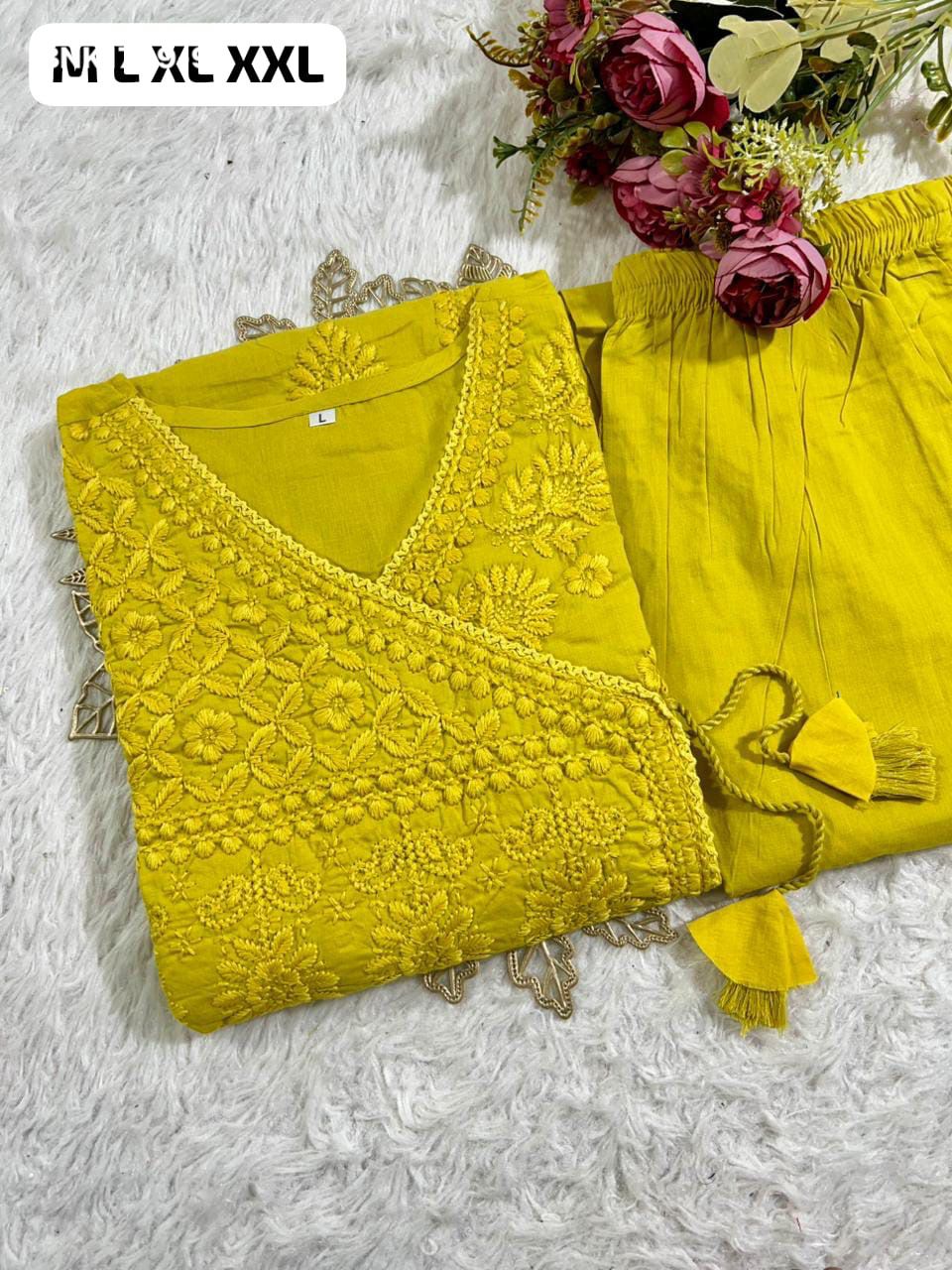 Beautiful cotton chikankari angrakha style pant sets - MNK1799