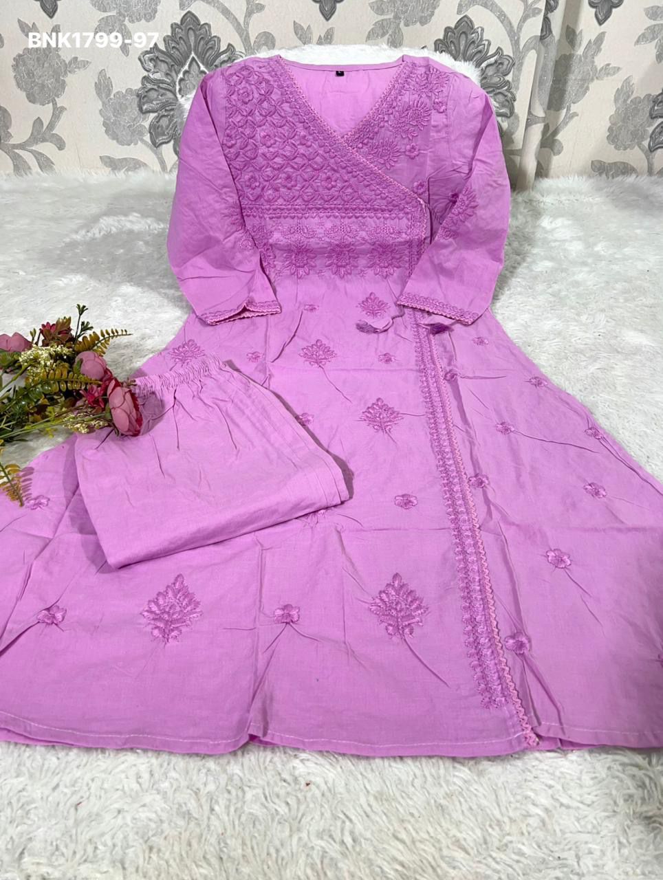 Beautiful cotton chikankari angrakha style pant sets - MNK1799
