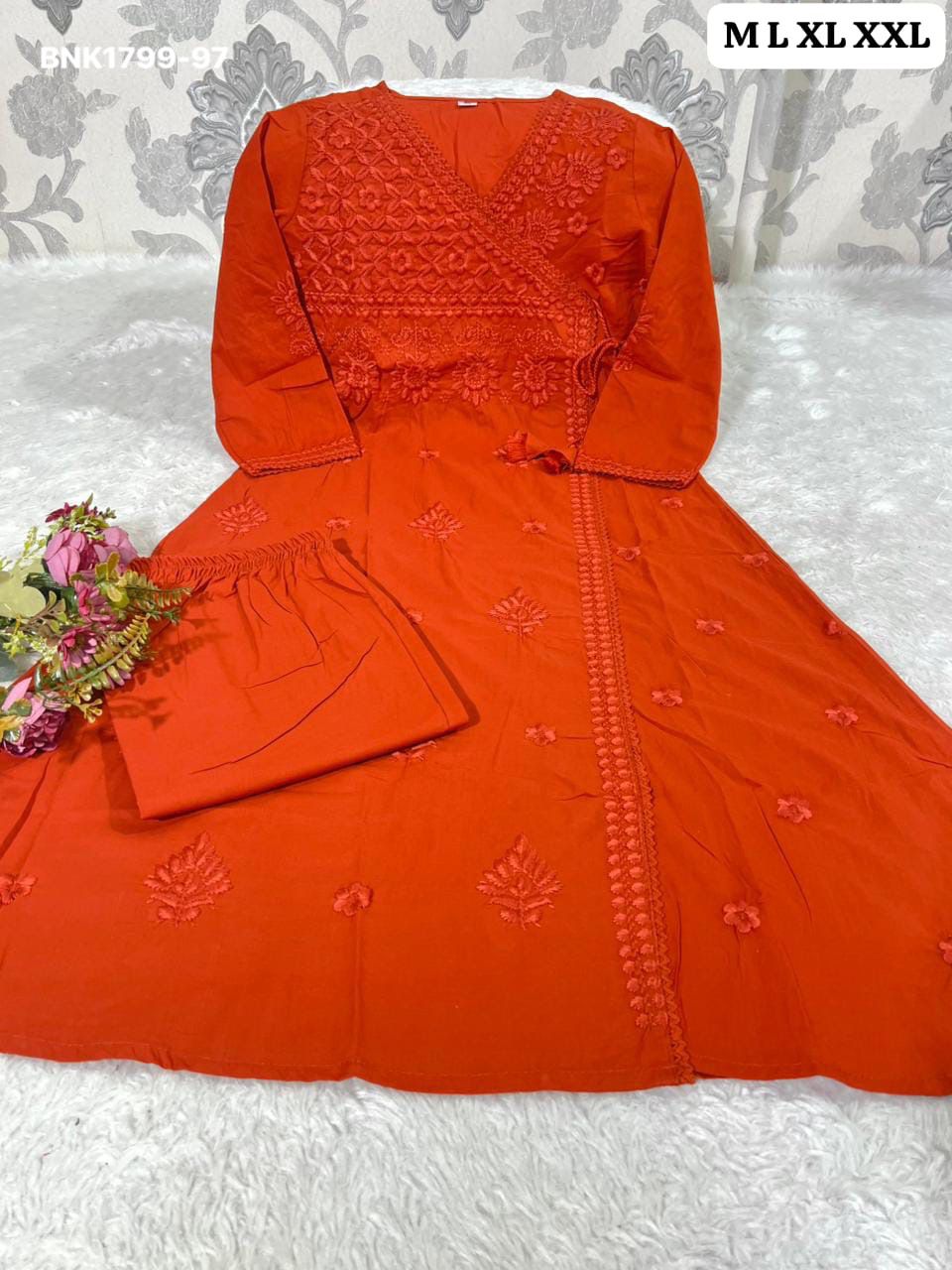Beautiful cotton chikankari angrakha style pant sets - MNK1799