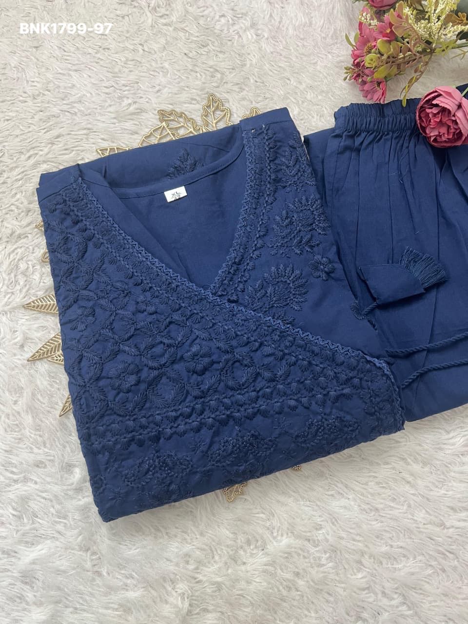 Beautiful cotton chikankari angrakha style pant sets - MNK1799