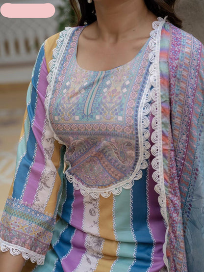 Women's Rayon Slub Printed straight kurta with & Pant and &Chinon Printed Lace Border Dupatta- MNK1816