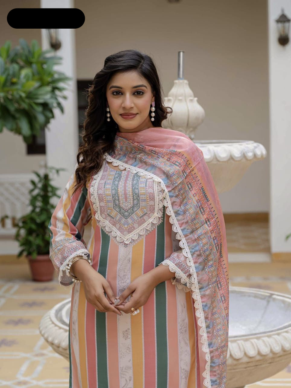 Women's Rayon Slub Printed straight kurta with & Pant and &Chinon Printed Lace Border Dupatta- MNK1816