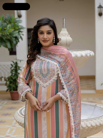 Women's Rayon Slub Printed straight kurta with & Pant and &Chinon Printed Lace Border Dupatta- MNK1816