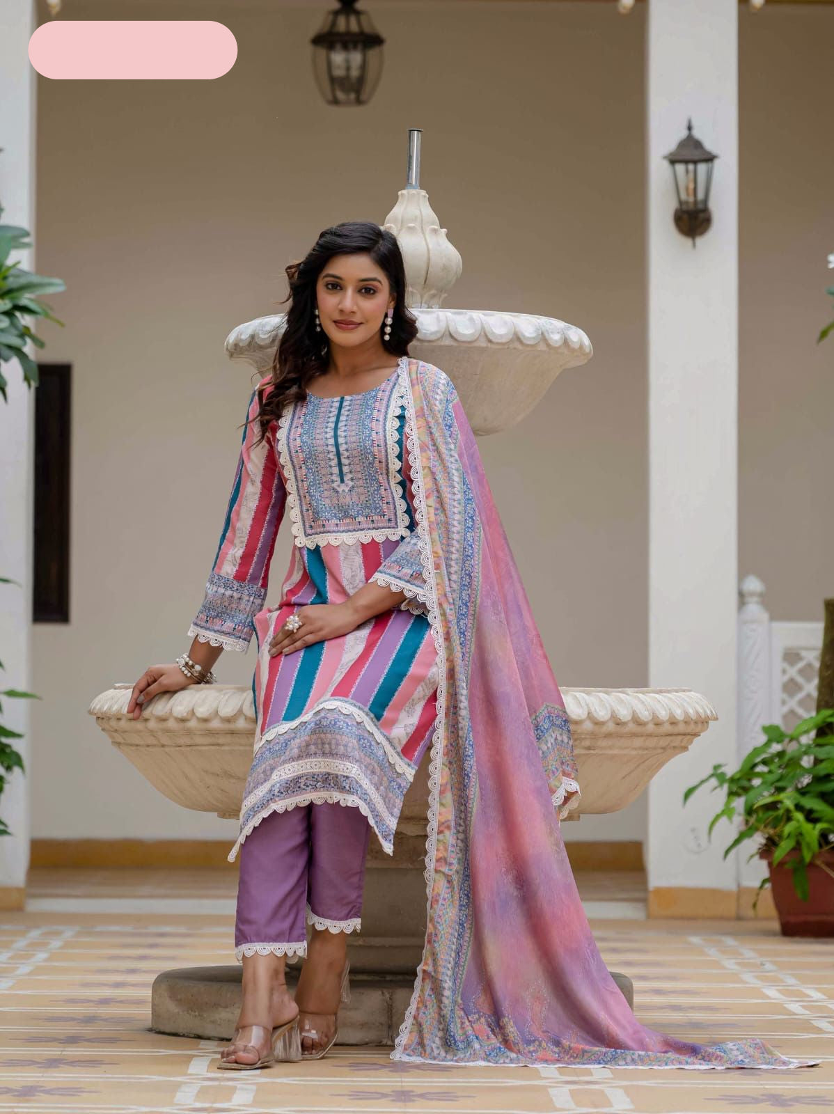 Women's Rayon Slub Printed straight kurta with & Pant and &Chinon Printed Lace Border Dupatta- MNK1816
