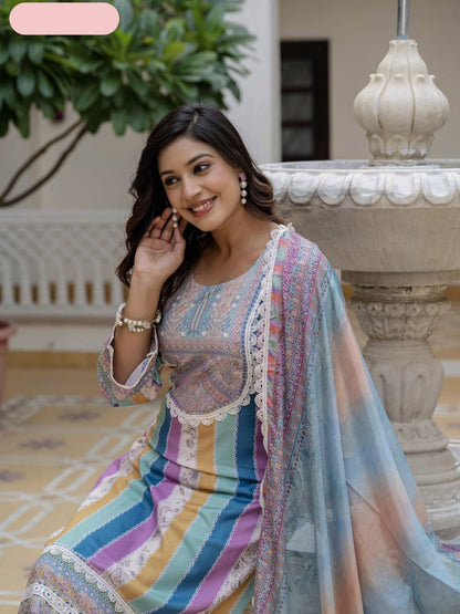 Women's Rayon Slub Printed straight kurta with & Pant and &Chinon Printed Lace Border Dupatta- MNK1816