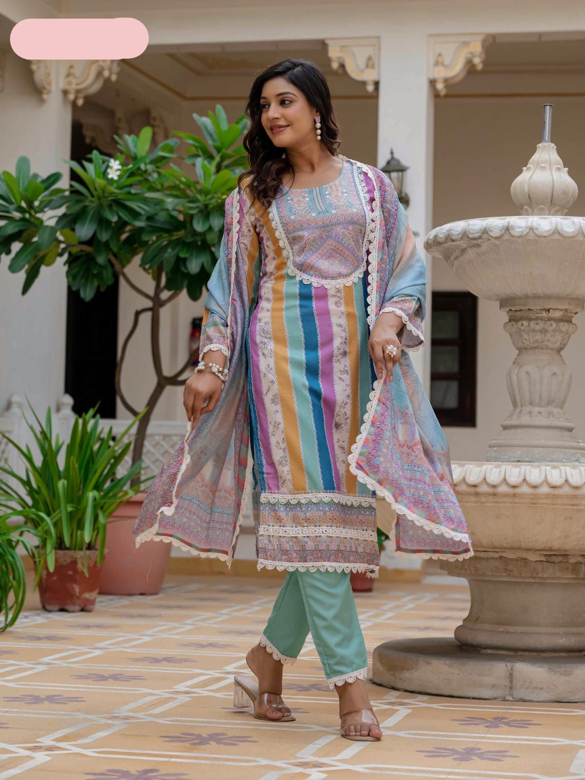 Women's Rayon Slub Printed straight kurta with & Pant and &Chinon Printed Lace Border Dupatta- MNK1816