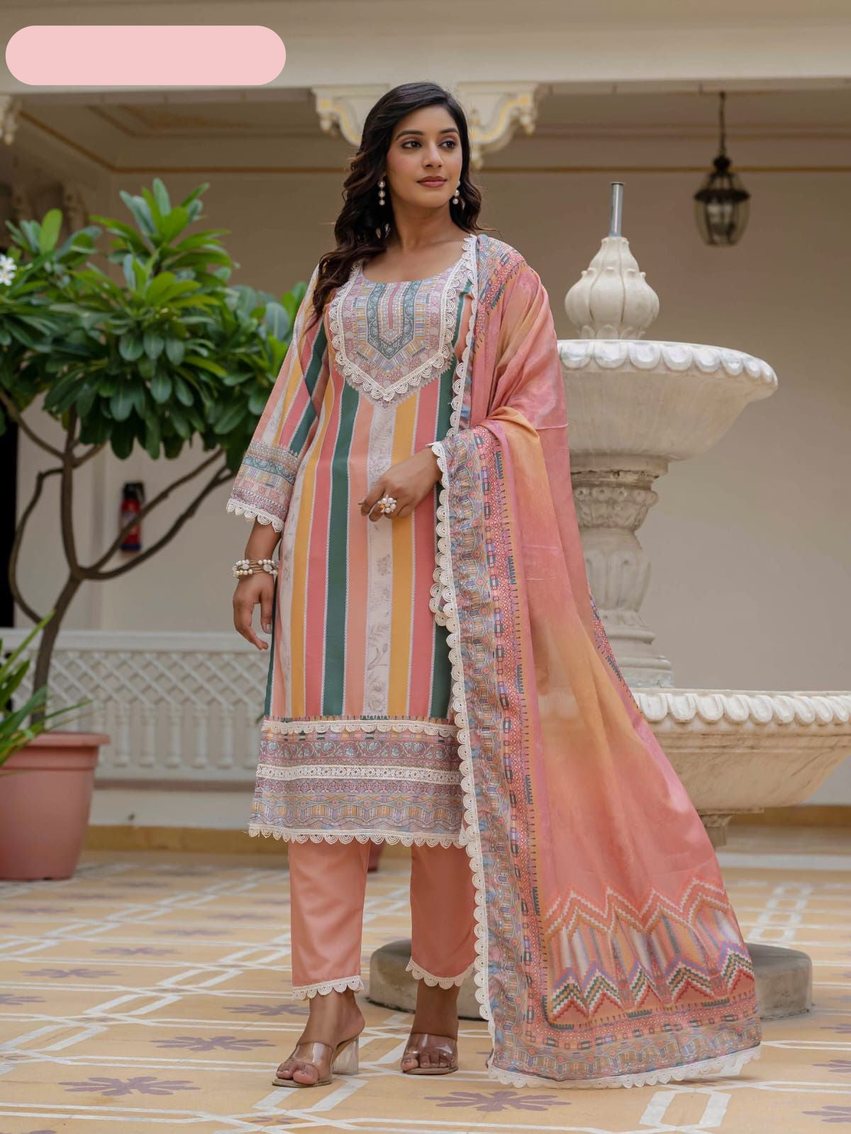 Women's Rayon Slub Printed straight kurta with & Pant and &Chinon Printed Lace Border Dupatta- MNK1816