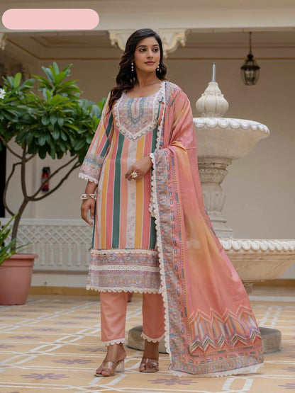Women's Rayon Slub Printed straight kurta with & Pant and &Chinon Printed Lace Border Dupatta- MNK1816