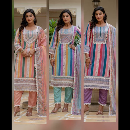 Women's Rayon Slub Printed straight kurta with & Pant and &Chinon Printed Lace Border Dupatta- MNK1816