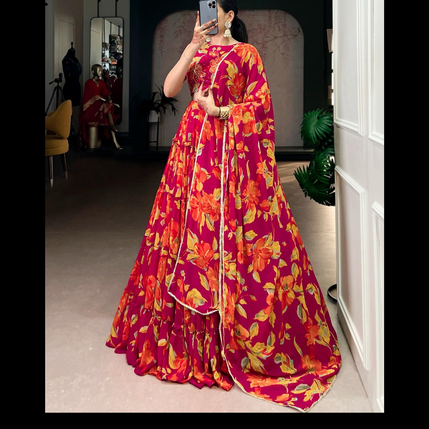 Lehenga Choli  vibrant floral marble prints that flow with every twirl and celebrate timeless traditional elegance -MNL452