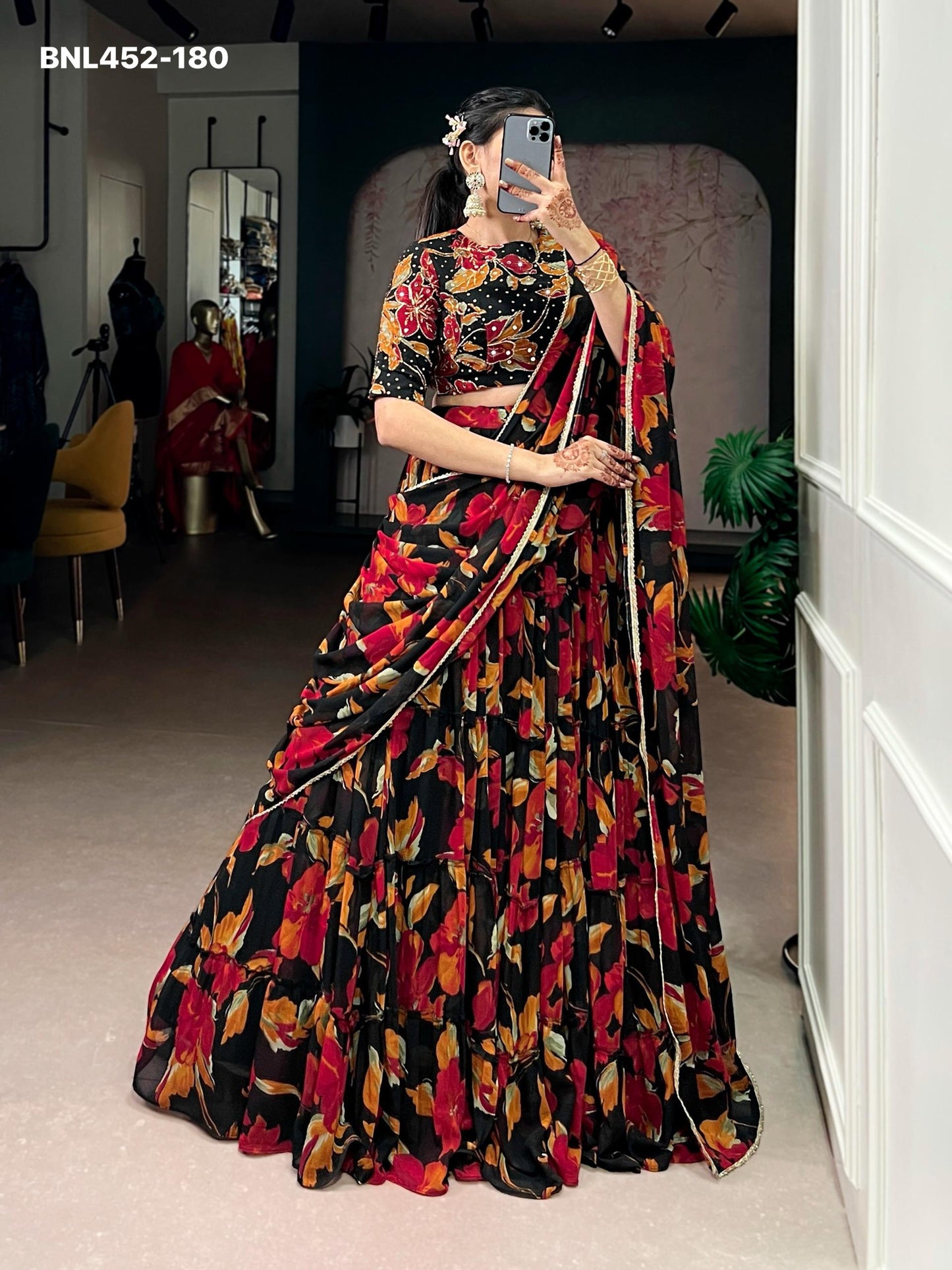 Lehenga Choli  vibrant floral marble prints that flow with every twirl and celebrate timeless traditional elegance -MNL452