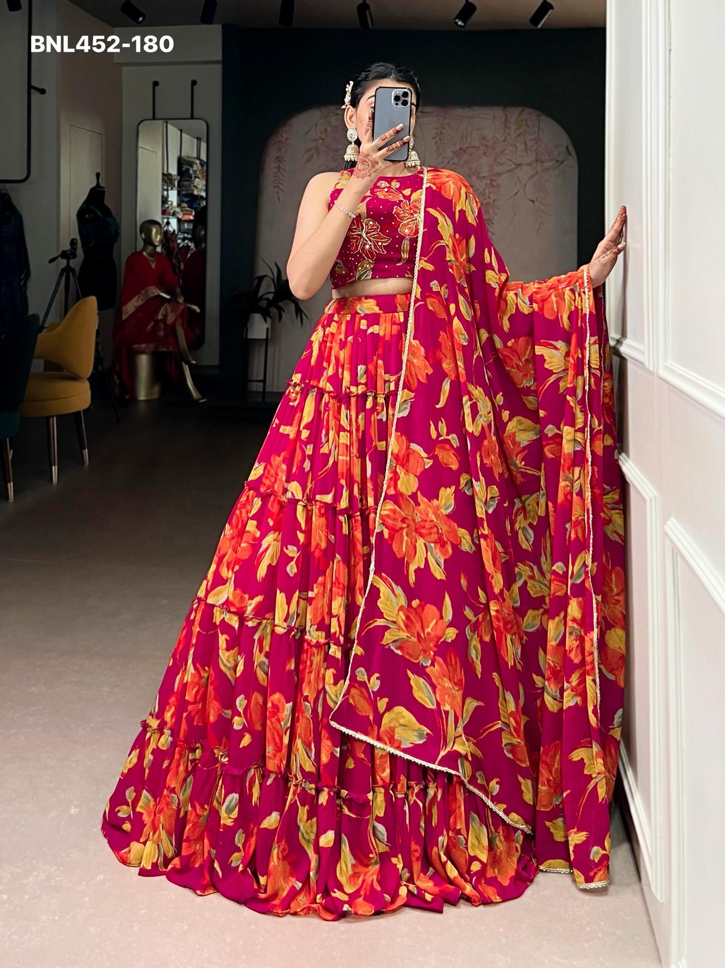 Lehenga Choli  vibrant floral marble prints that flow with every twirl and celebrate timeless traditional elegance -MNL452