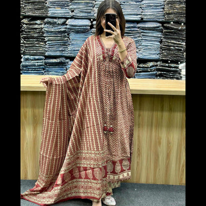 Ajarakh Print Anarkali Suit Set MNK1811
