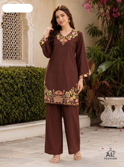 Long Sleeve Top with Heavy Embroidery Work combined with matching Plazzo for all occasion_