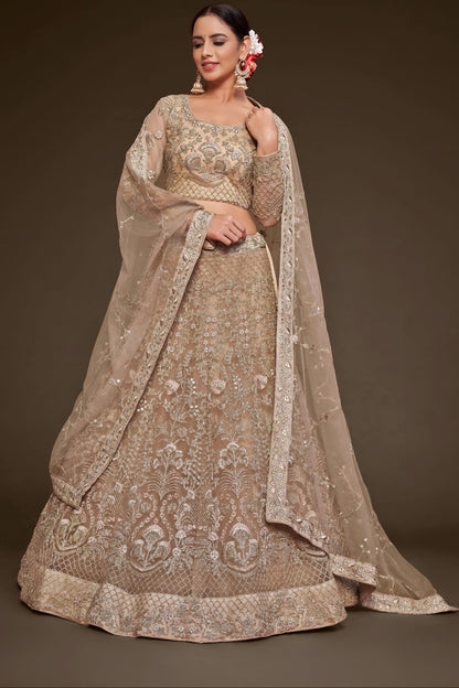 Model wearing a royal beige soft net semi-stitched lehenga choli with intricate heavy zari and glitter embroidery