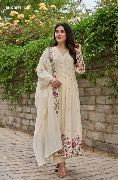MNK1877 Chanderi Silk Kurti Pant Dupatta Embroidered Handwork Premium Designer Set Sizes S‑XXL