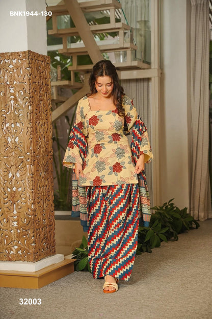 “Designer Cambric Cotton Kurti Farsi Salwar Dupatta Set –MNK1944”
