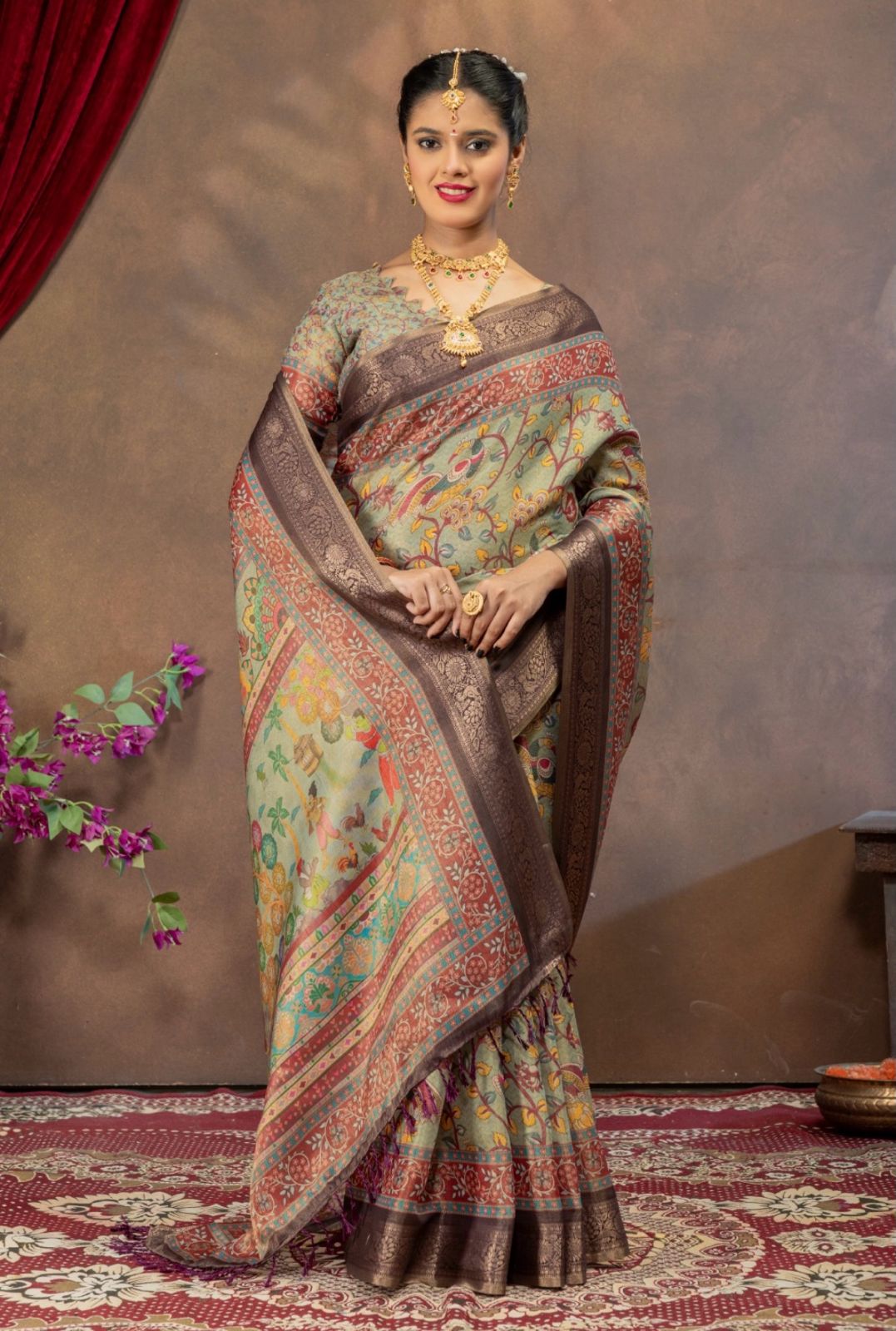 Premium Kanjivaram Erode Silk Saree with Kalamkari Digital Print Jacquard Border-MCL004