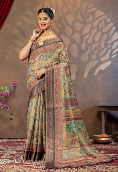 Premium Kanjivaram Erode Silk Saree with Kalamkari Digital Print Jacquard Border-MCL004