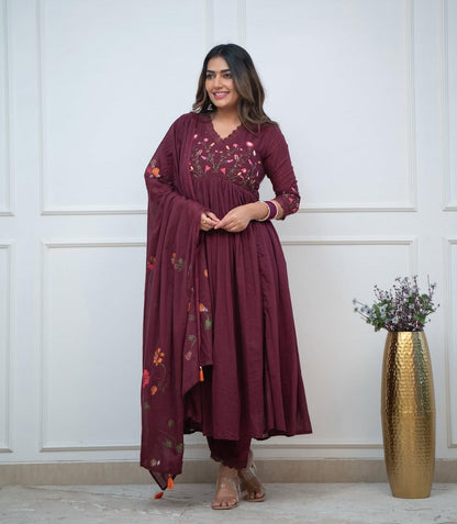 Deep Wine Flared Anarkali Kurta Pant Set with Embroidered Floral Bodice