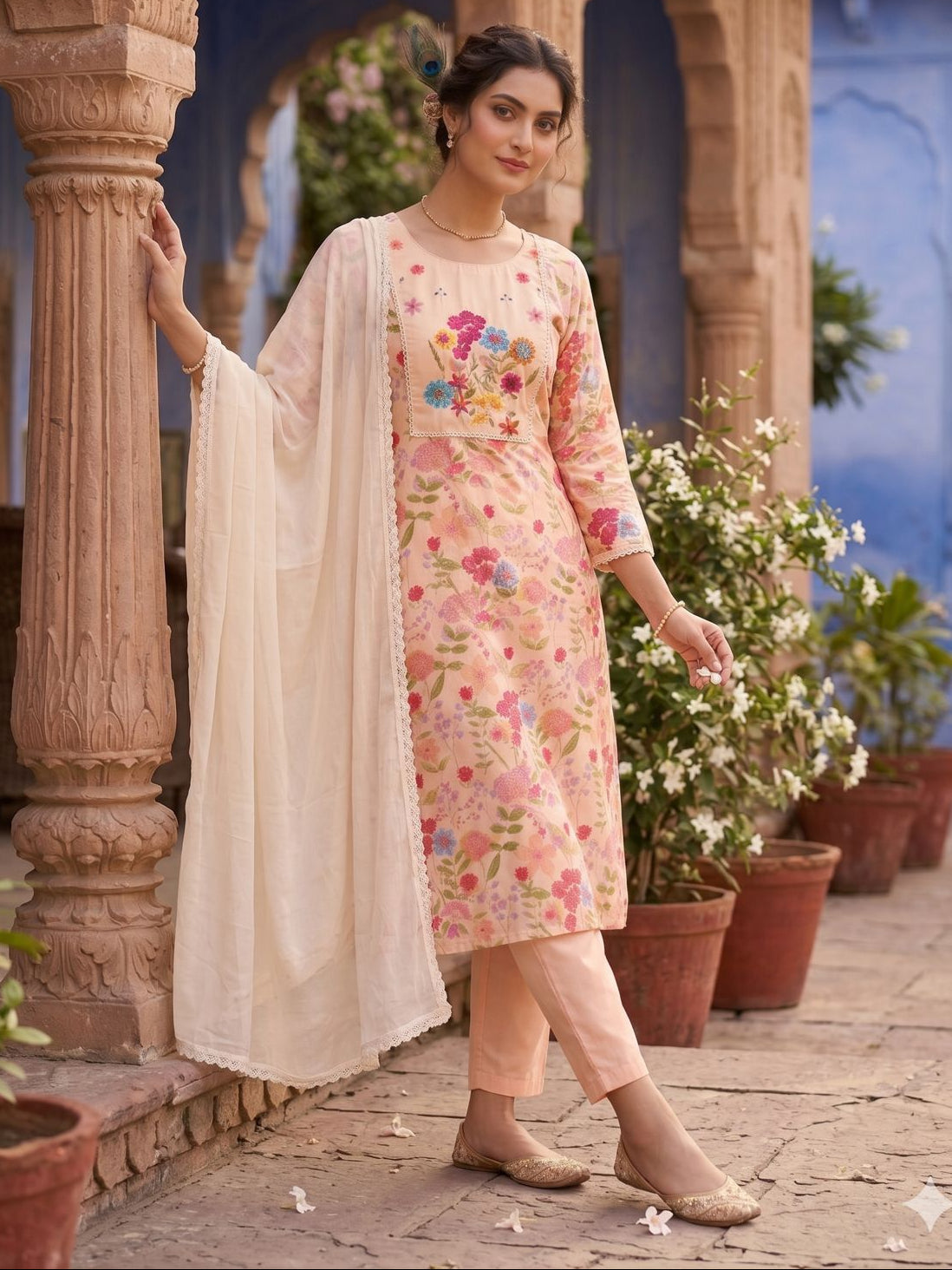 “Elegant Beige Cream Linen Cotton Kurti Set with Nazmin Dupatta”

