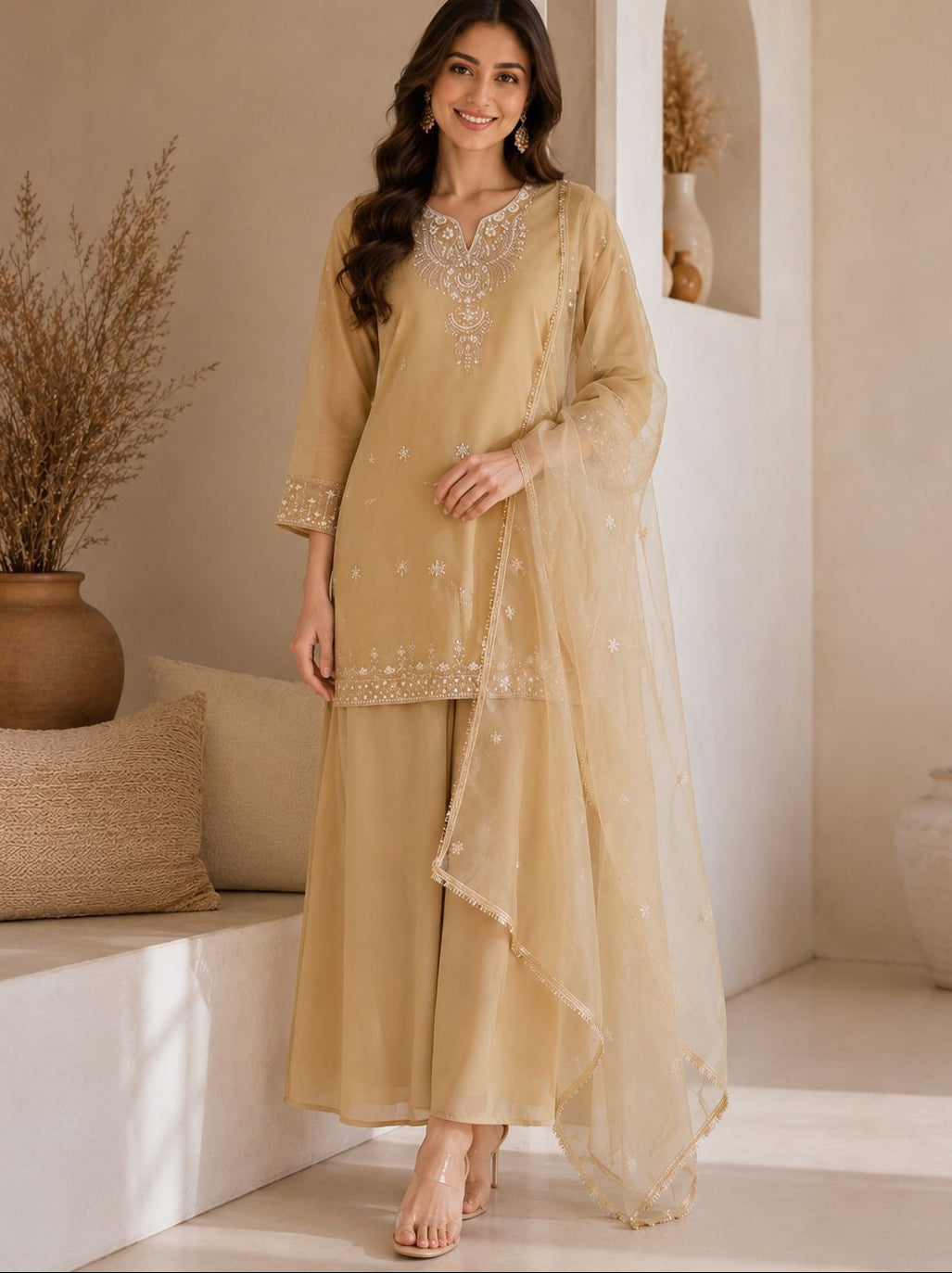 “Cosmos Fabric Kurti Palazzo Dupatta – Luxury Edition”

