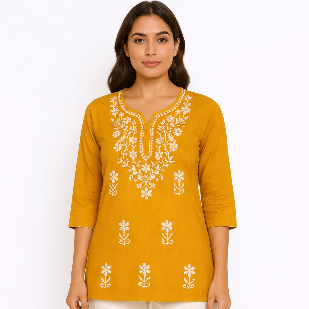 TIMELESS GRACE SHORT KURTI EMBROIDERED - MUSTARD