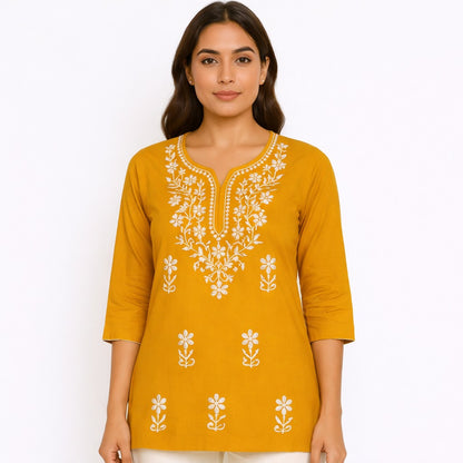TIMELESS GRACE SHORT KURTI EMBROIDERED - MUSTARD