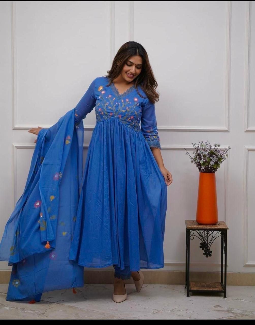Powder-Royal Blue Flared Anarkali Kurta Pant Set with Embroidered Floral Bodice