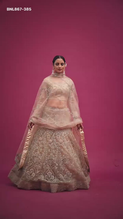 MNL1867 Royal Beige Heavy Embroidered Net Lehenga Choli with Zari & Glitter Work