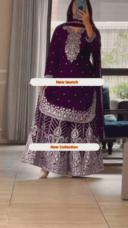 LMFH MF DN446 Heavy Chinnon Silk Top Palazzo Dupatta Set with Embroidery & Fancy Borders