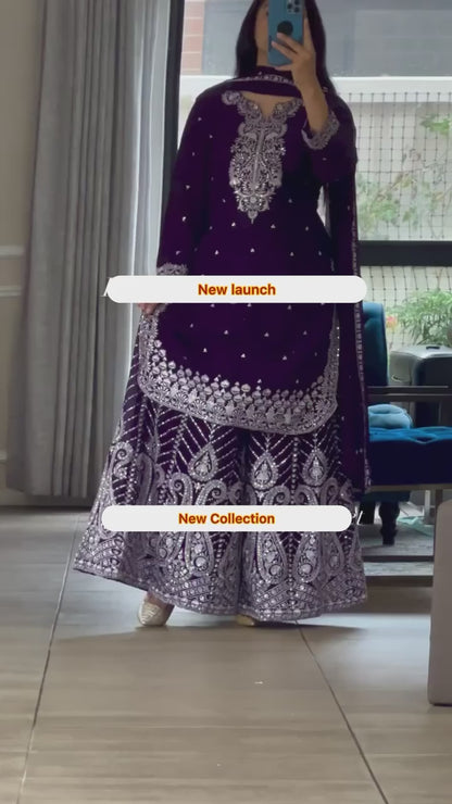 LMFH MF DN446 Heavy Chinnon Silk Top Palazzo Dupatta Set with Embroidery & Fancy Borders