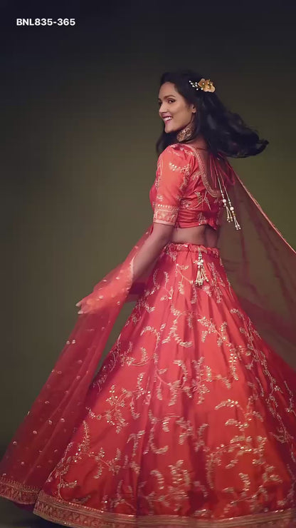 Coral Red Embroidered Designer Lehenga Choli - BNK835