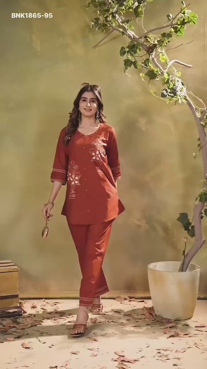 MNK1865 Designer Cotton Co‑Ord Set – Embroidered Kurti & Pant | Sizes M–3XL