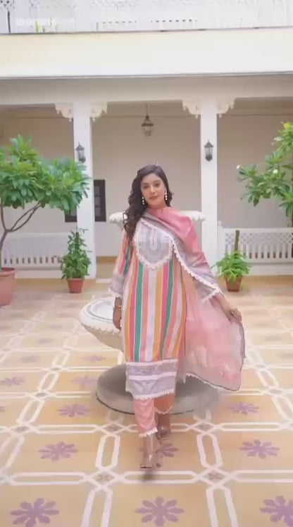 Women's Rayon Slub Printed straight kurta with & Pant and &Chinon Printed Lace Border Dupatta- MNK1816