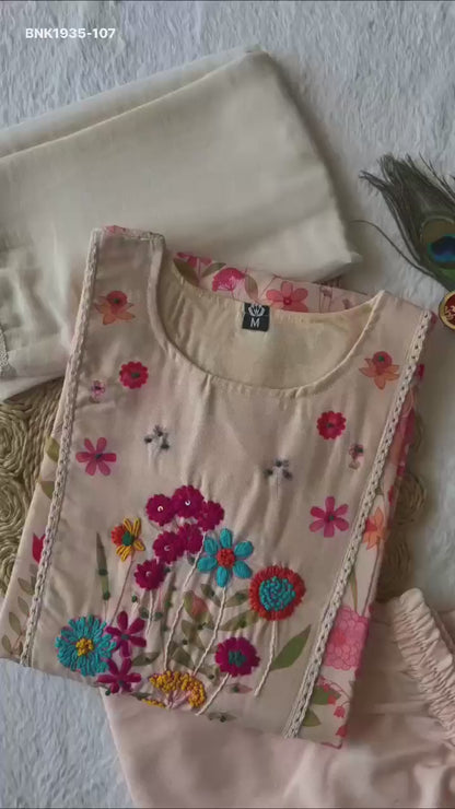“Beige Cream Linen Cotton Kurti Pant Dupatta Set – MNK1935”