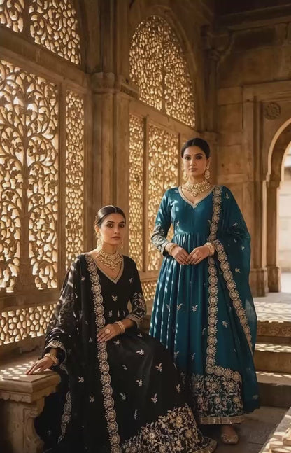 MLFH1270- Fendy Satin Silk Gown Pant Dupatta Set – Embroidery & Sequence Work