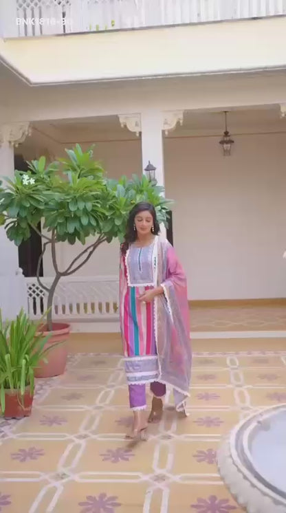 Women's Rayon Slub Printed straight kurta with & Pant and &Chinon Printed Lace Border Dupatta- MNK1816