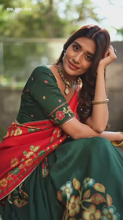 MNL280- “Tasar Silk Lehenga Choli Set – Printed & Foil Work, Gotta Patti Dupatta