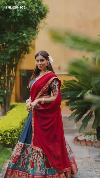 MNL439-Poly Chanderi Lehenga Choli – Kalamkari Print & Zari Weaving (Nitriya Catalogue)