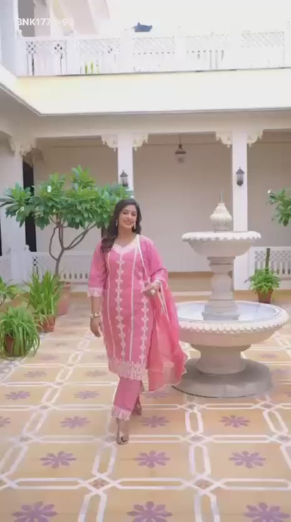 Women's Roman silk with cotton Lining Embroidery work with Pant and Dupatta - BNK1774