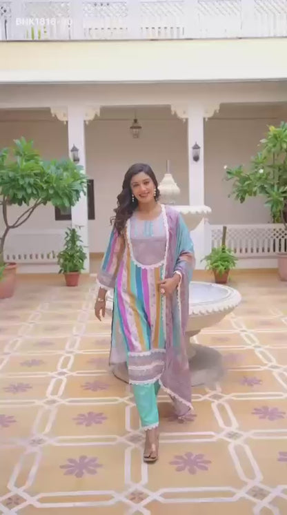 Women's Rayon Slub Printed straight kurta with & Pant and &Chinon Printed Lace Border Dupatta- MNK1816