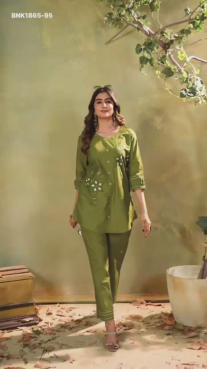 MNK1865 Designer Cotton Co‑Ord Set – Embroidered Kurti & Pant | Sizes M–3XL